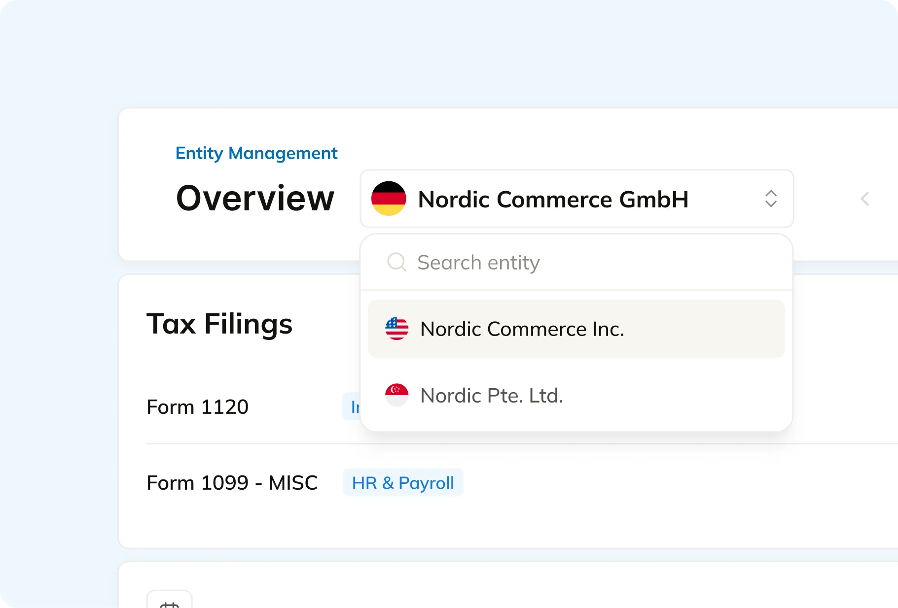 Commenda entity compliance tracking dashboard showing subsidiary status across jurisdictions